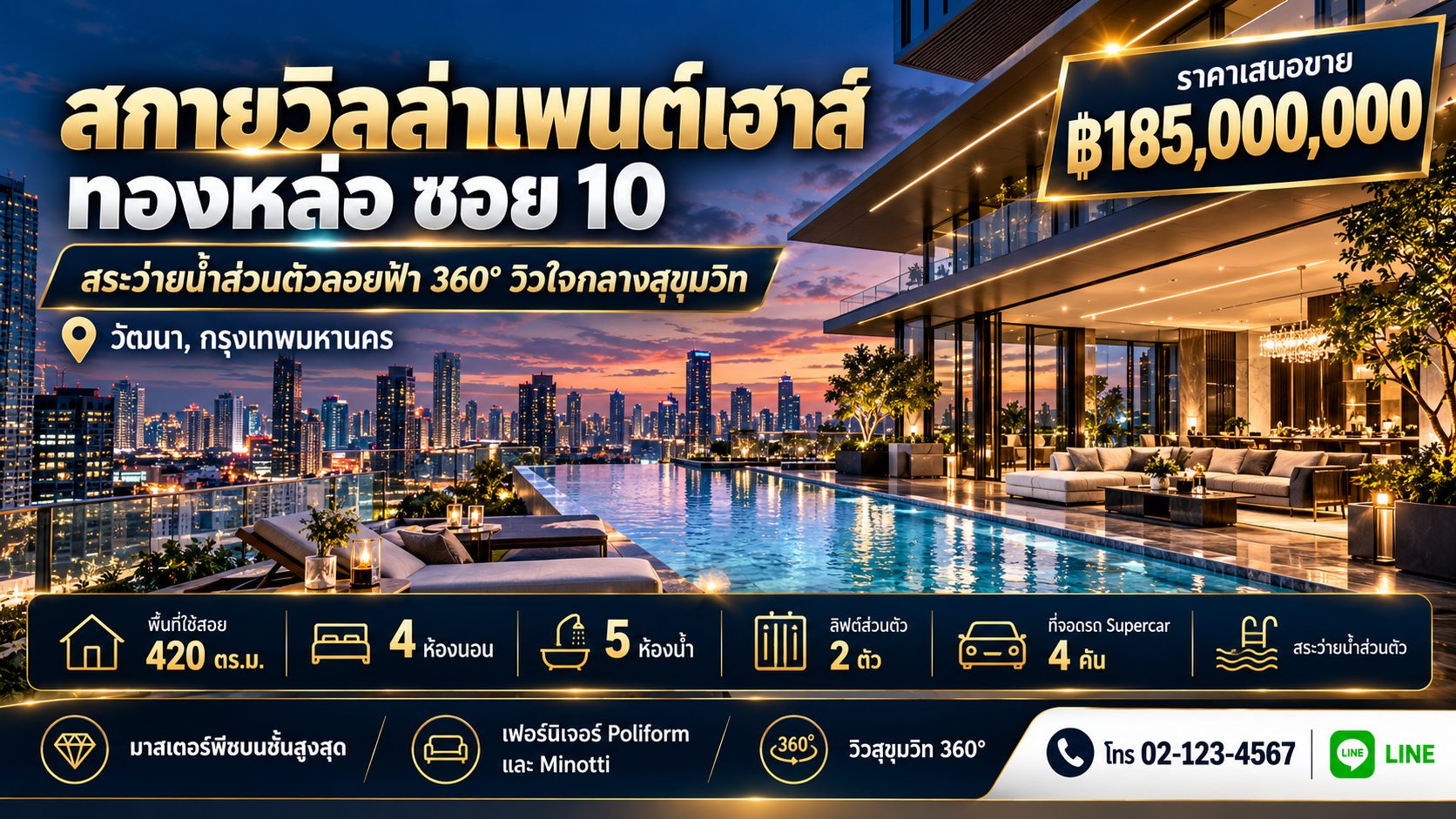 สกายวิลล่าเพนต์เฮาส์ ทองหล่อ ซอย 10 สระว่ายน้ำส่วนตัวลอยฟ้า 360 องศา วิวใจกลางสุขุมวิท