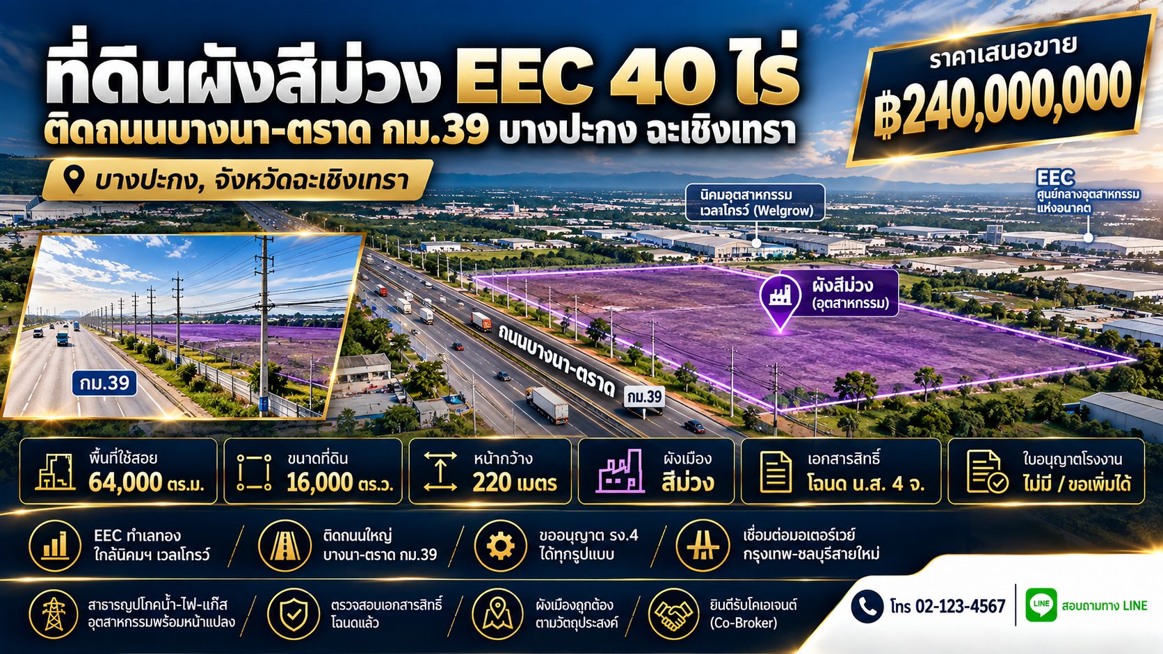 ที่ดินผังสีม่วง EEC 40 ไร่ ติดถนนบางนา-ตราด กม.39 บางปะกง ฉะเชิงเทรา ใกล้นิคมฯ เวลโกรว์